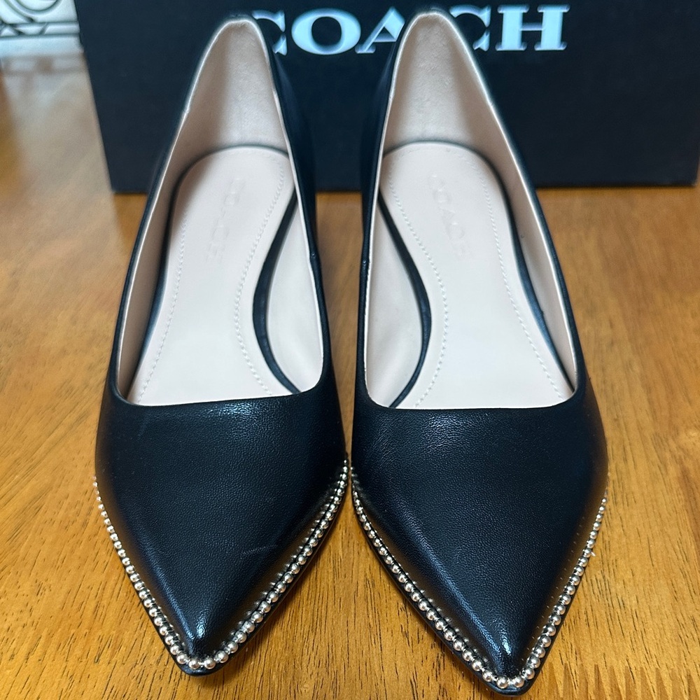 Coach Willa Leather Pumps. Black Square Heel with Gold Studs. Women’s Size 7B.
